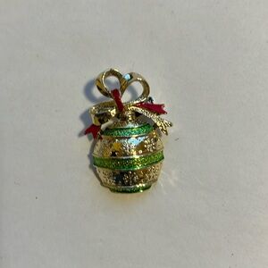 Brooch - Christmas tree ball - gold tone, green, red - (#0767)